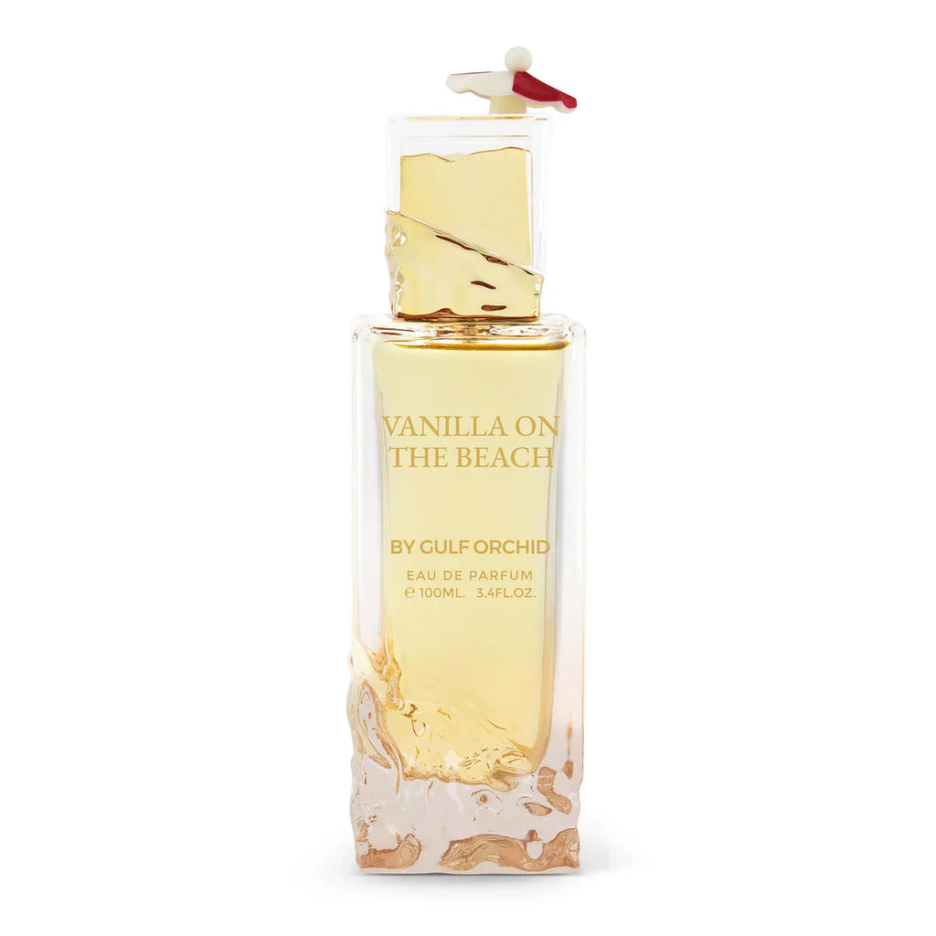 Vanilla On The Beach by Gulf Orchid 100ml EDP perfume bottle with gold accents and beach-inspired textured base, ideal for summer fragrance lovers.