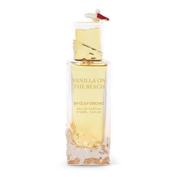 Vanilla On The Beach by Gulf Orchid 100ml EDP perfume bottle with gold accents and beach-inspired textured base, ideal for summer fragrance lovers.