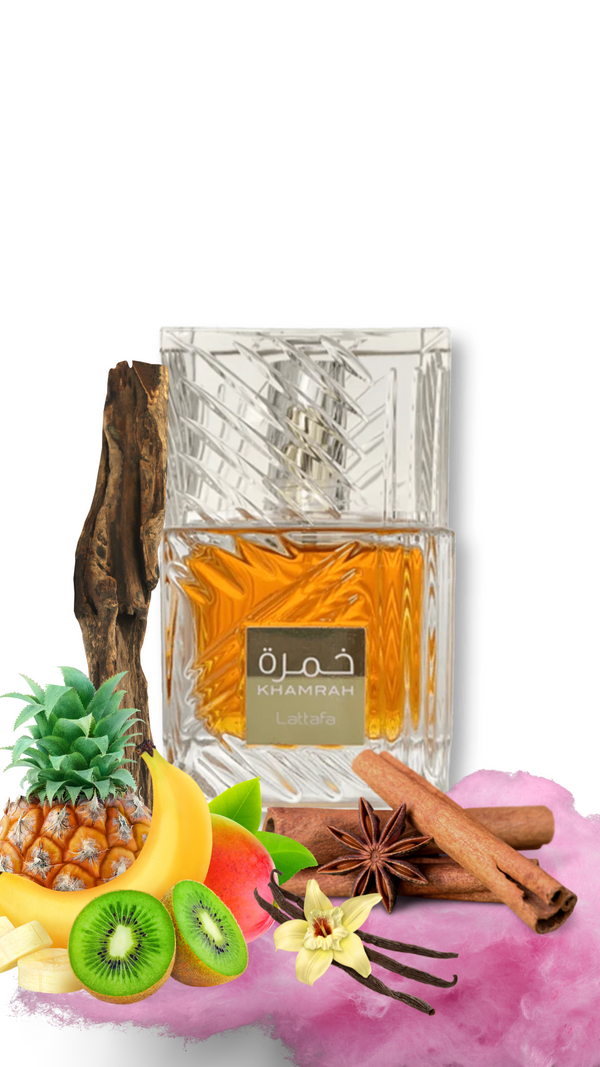 Khamrah 100ml EDP with spices and fruits ingredients background