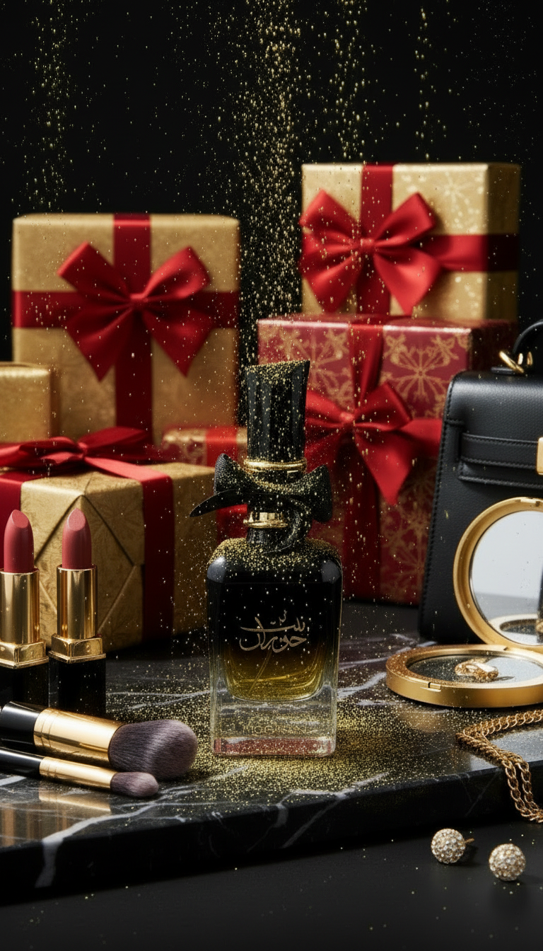 Gold and red gift boxes with Bint Hooran perfume, holiday celebration, luxurious packaging