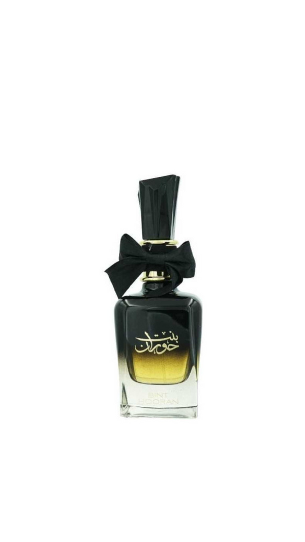 Bint Hooran perfume bottle with black bow, floral and citrus notes, modern fragrance display