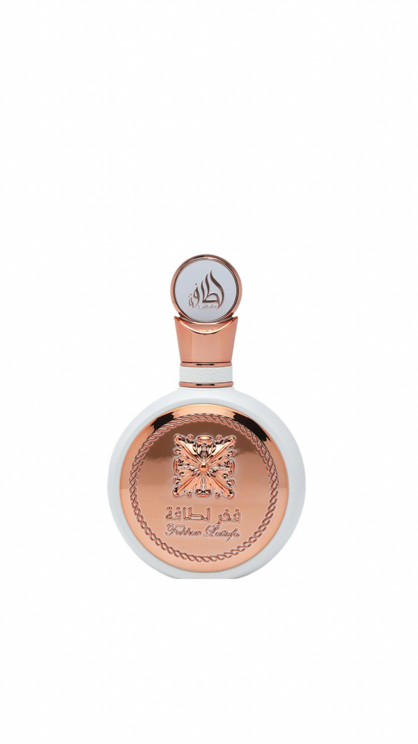 Fakhar Rose Gold perfume bottle with rose gold and white design