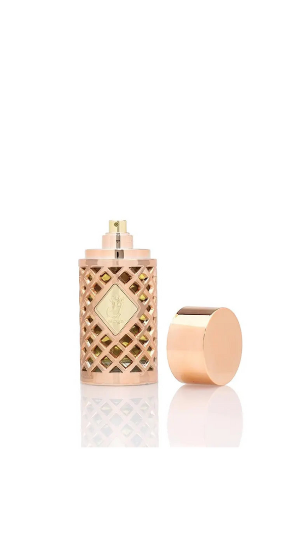Rose Gold Perfume bottle with lattice design and gold accents
