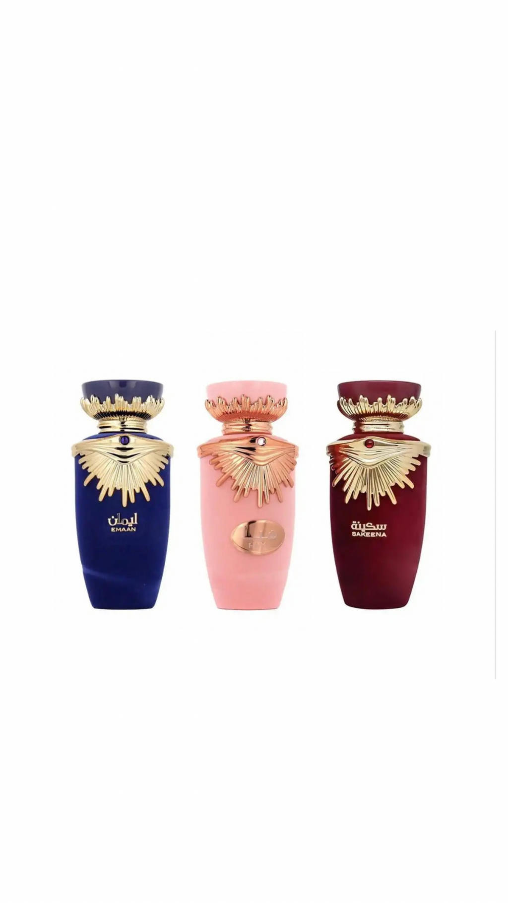 Trio of Lattafa perfumes including Haya Perfume 100ml EDP in pink, displayed alongside other variants in blue and red bottles.