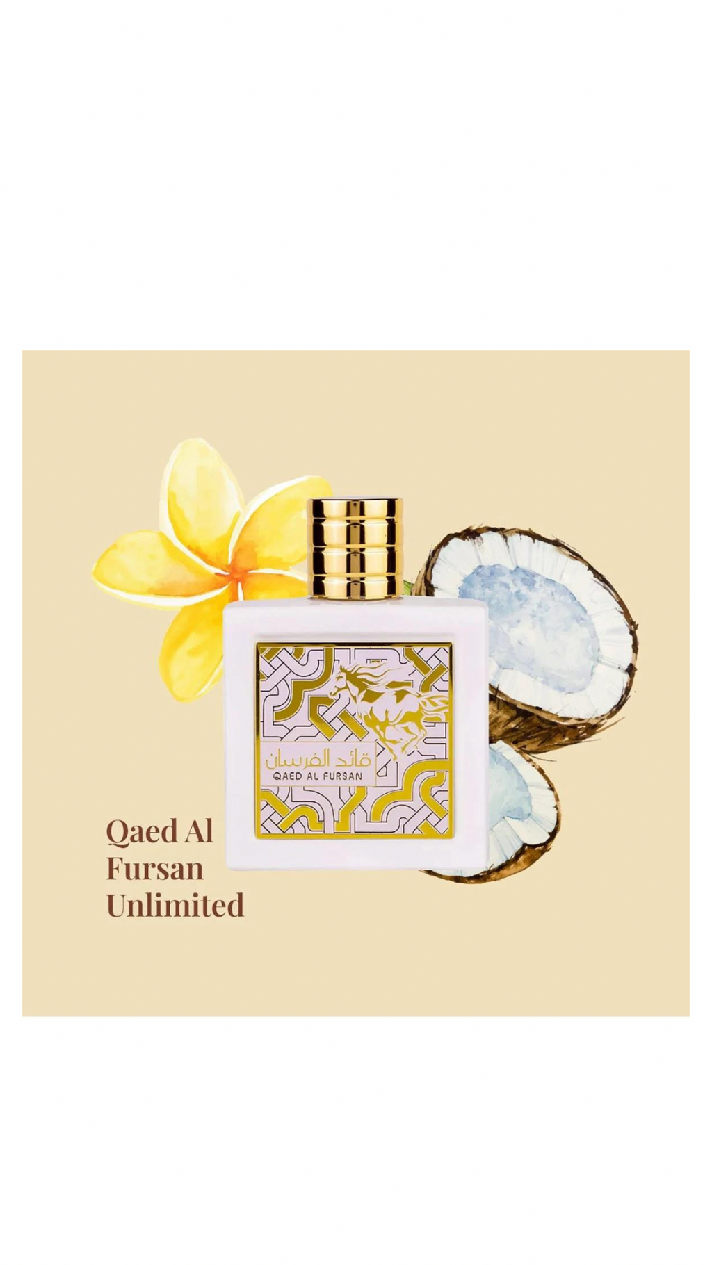 Qaed Al Fursan Unlimited EDP perfume with tropical and coconut background