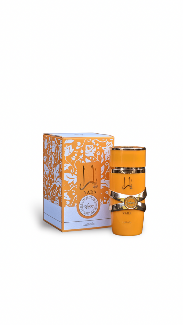 Yara Tous EDP perfume box and bottle in orange with floral design, elegant packaging
