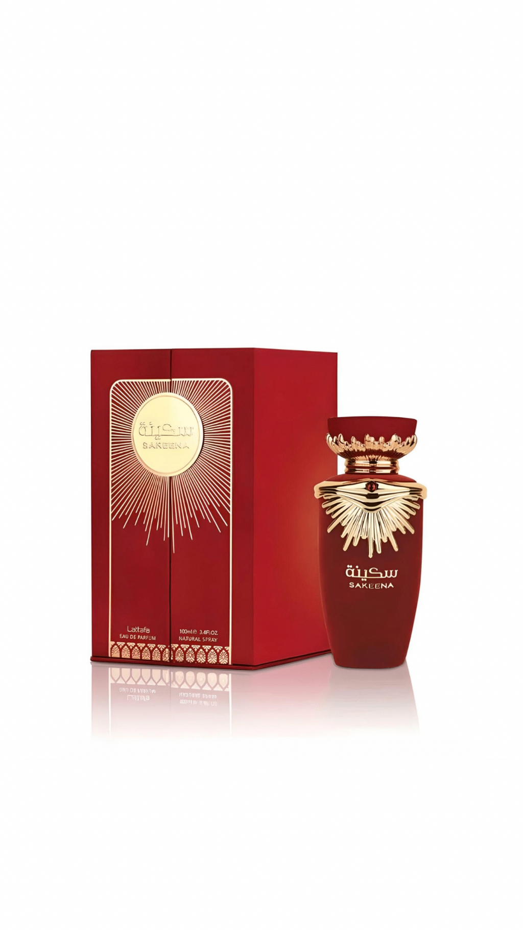 Sakeena perfume box with matching red and gold packaging, luxurious floral fragrance