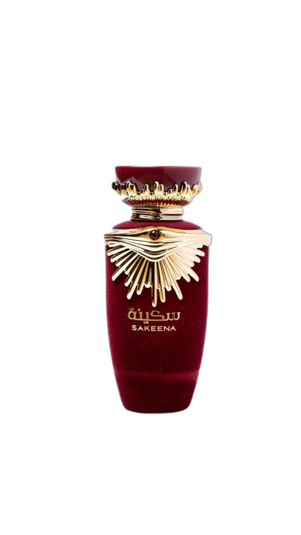 Sakeena perfume bottle with red velvet and gold accents, elegant floral design