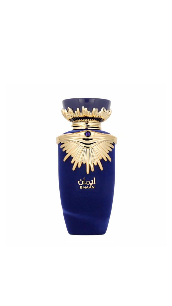 Elegant blue perfume bottle with gold accents for women