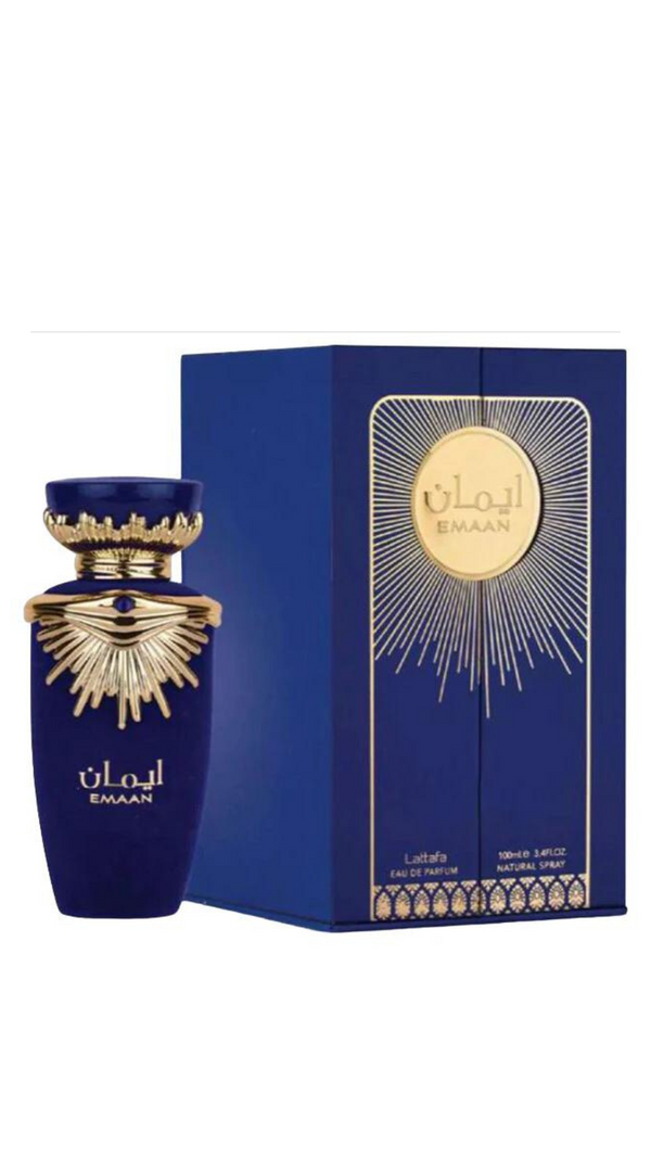 Blue box packaging for Emaan perfume by Lattafa with gold design