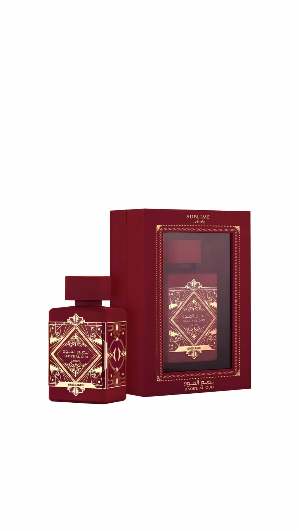 Oud For Glory Sublime perfume bottle with red packaging