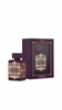 Purple perfume bottle with gold geometric design and packaging, luxury fragrance gift set