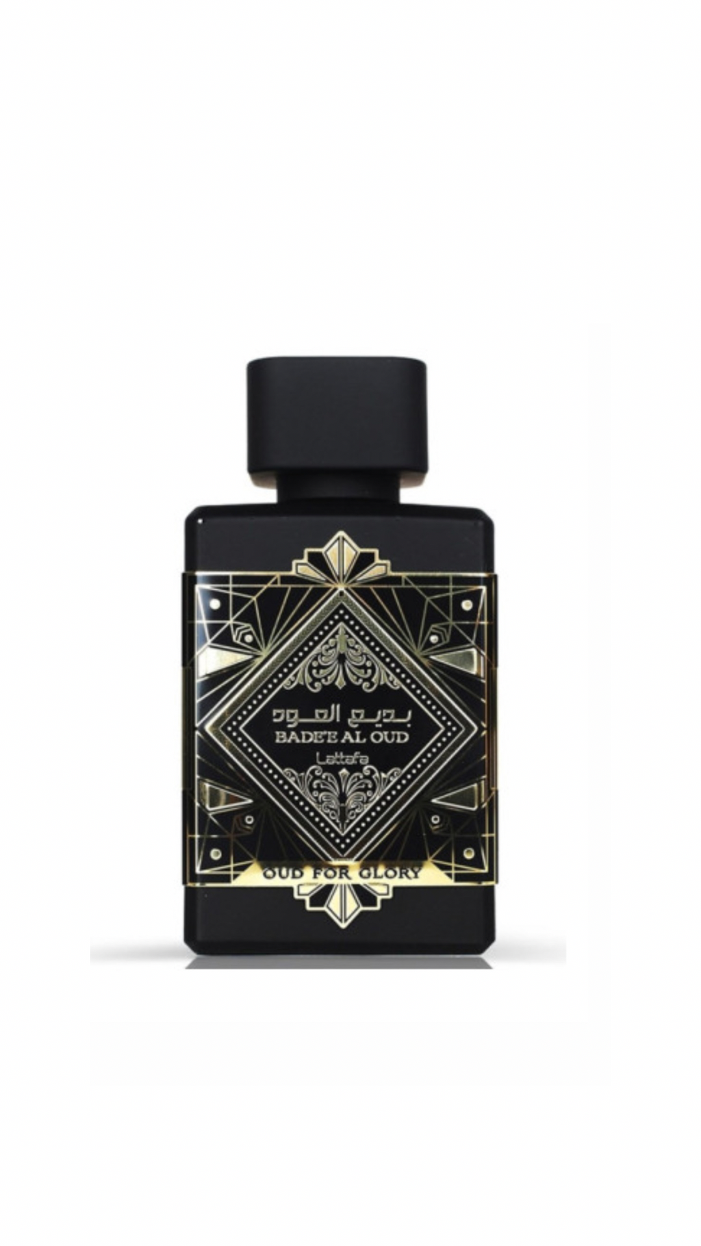 Bade’e Al Oud perfume bottle with black and gold ornate design, luxury fragrance for men