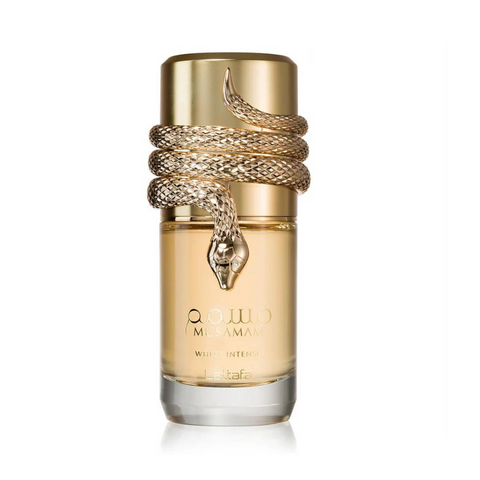Musamam White Intense perfume bottle with snake design, gold cap, elegant luxury scent