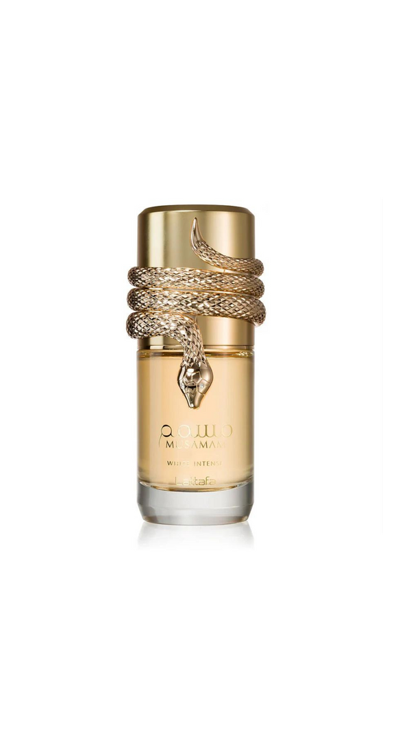 Musamam White Intense perfume bottle with snake design, gold cap, elegant luxury scent