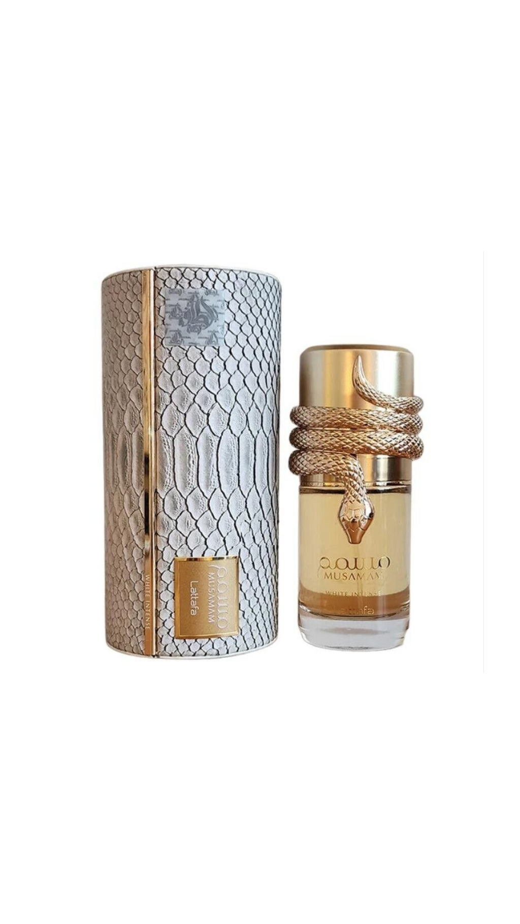 Musamam White Intense perfume with snake motif, gold cap, luxurious fragrance packaging