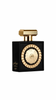 Black perfume bottle with gold accents and box, luxury fragrance packaging