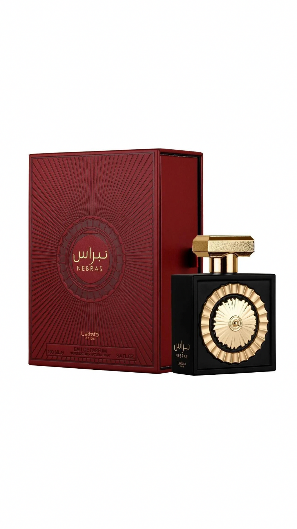 Black and gold perfume bottle with red box, elegant fragrance presentation