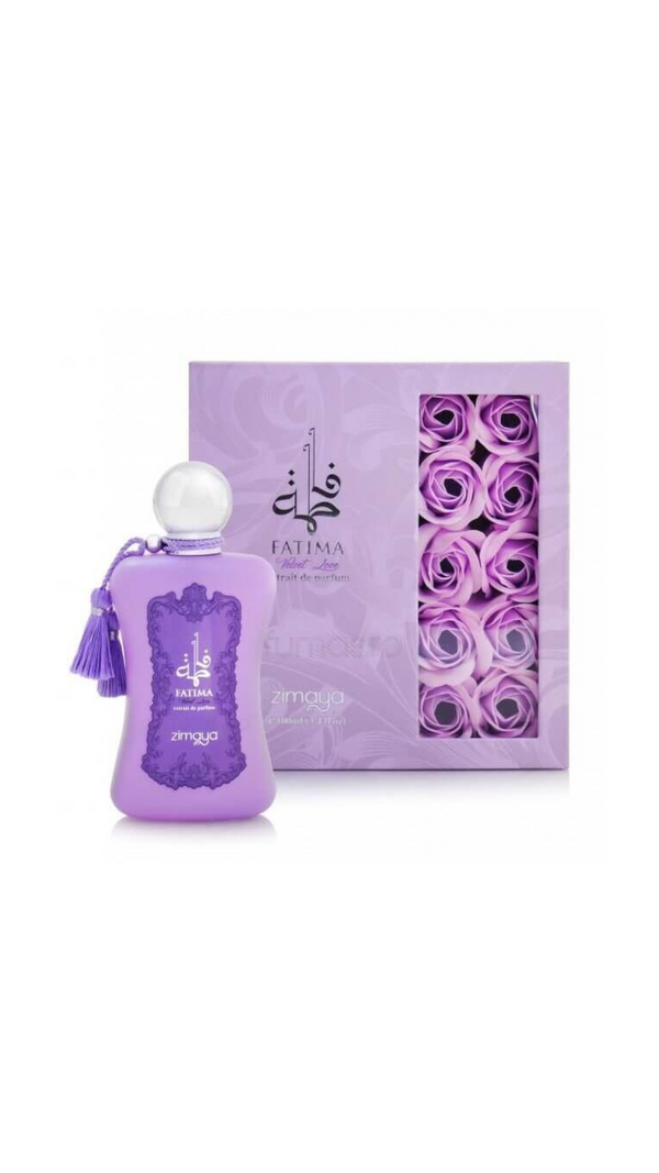 Fatima Velvet Love perfume 100ml EDP by Zimaya in a lavender bottle with silver cap, displayed with a matching rose-themed gift box. Ideal for women seeking a floral, powdery scent.