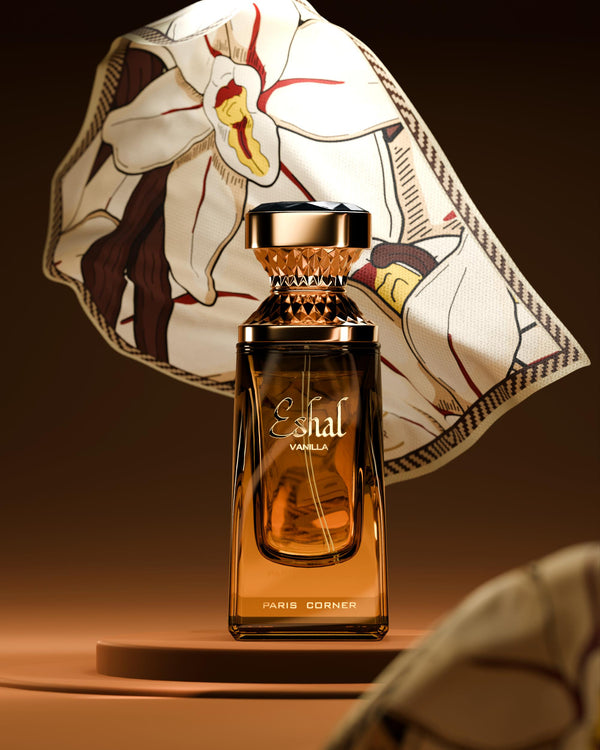 Eshal Vanilla by Paris Corner 100ml Eau de Parfum displayed with vanilla flower scarf, highlighting its gourmand vanilla fragrance appeal.