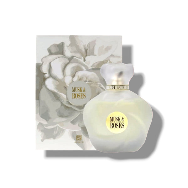 Perfume bottle with 'Musk & Roses' packaging featuring floral design