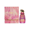 Pink and gold perfume bottle with matching packaging on a white background