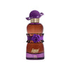 Perfume bottle with purple cap and decorative elements on a white background