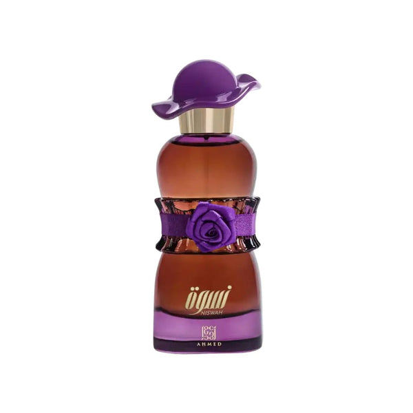 Perfume bottle with purple cap and decorative elements on a white background