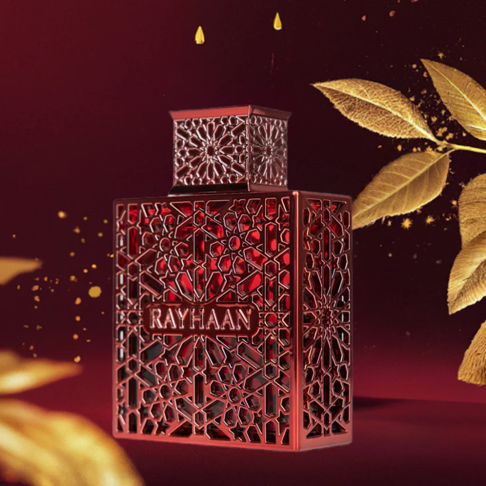 Decorative red lantern with intricate patterns and 'RAYHAAN' branding on a dark background with gold leaves.