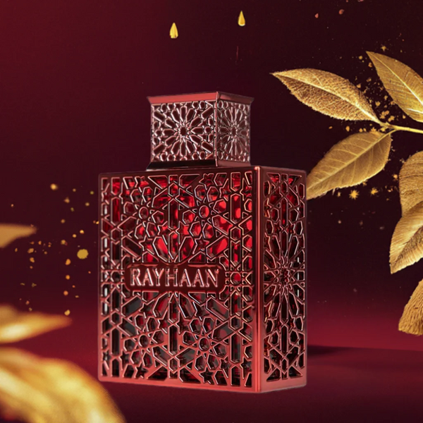 Decorative red lantern with intricate patterns and 'RAYHAAN' branding on a dark background with gold leaves.