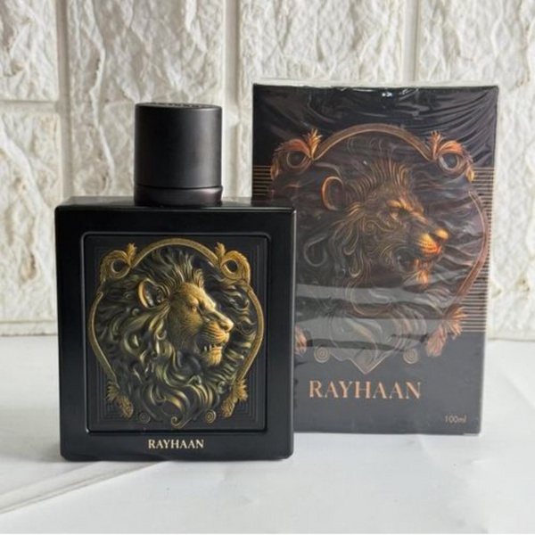 Black perfume bottle and packaging with lion design and 'RAYHAAN' branding on a textured white background.