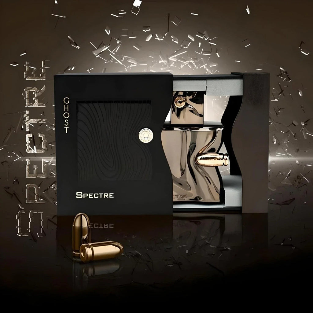 Ghost Spectre perfume packaging with gold accents on a dark background