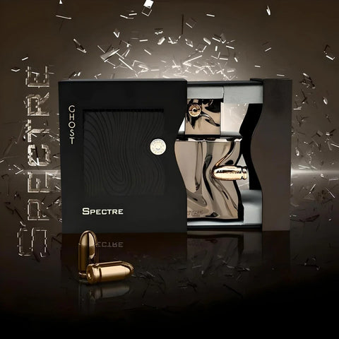 Ghost Spectre perfume packaging with gold accents on a dark background