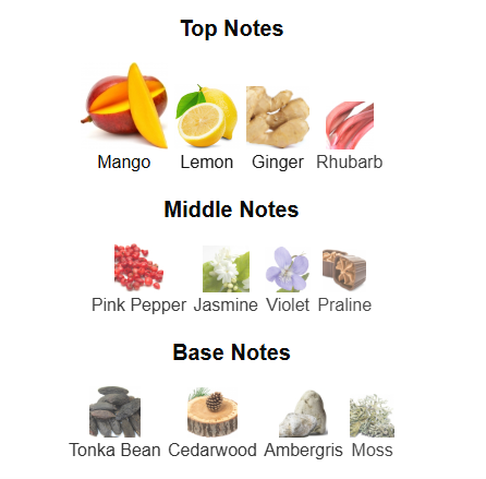 Fragrance pyramid of Vulcan Feu by French Avenue showing top notes of mango, lemon, ginger, rhubarb; middle notes of pink pepper, jasmine, violet, praline; and base notes of tonka bean, cedarwood, ambergris, moss.