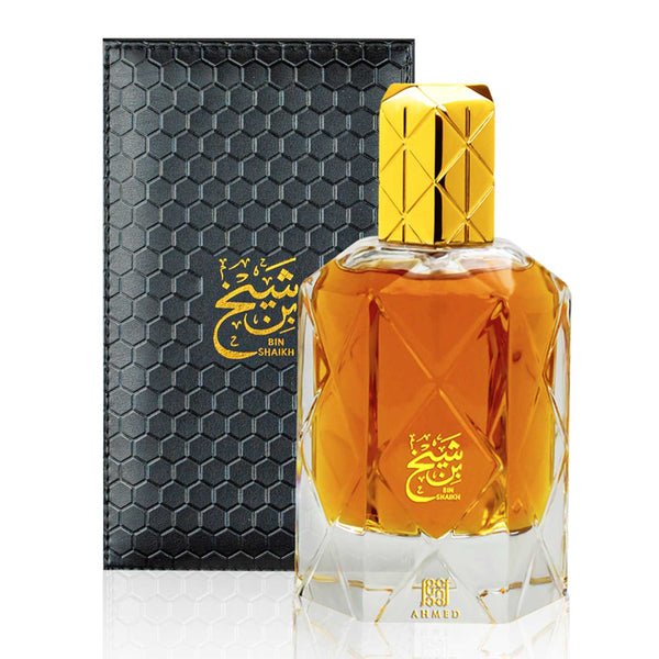 Ahmed Al Maghribi Bin Shaikh Extrait de Parfum 90ML in a luxurious gold-capped bottle with textured black box, oriental woody unisex fragrance.